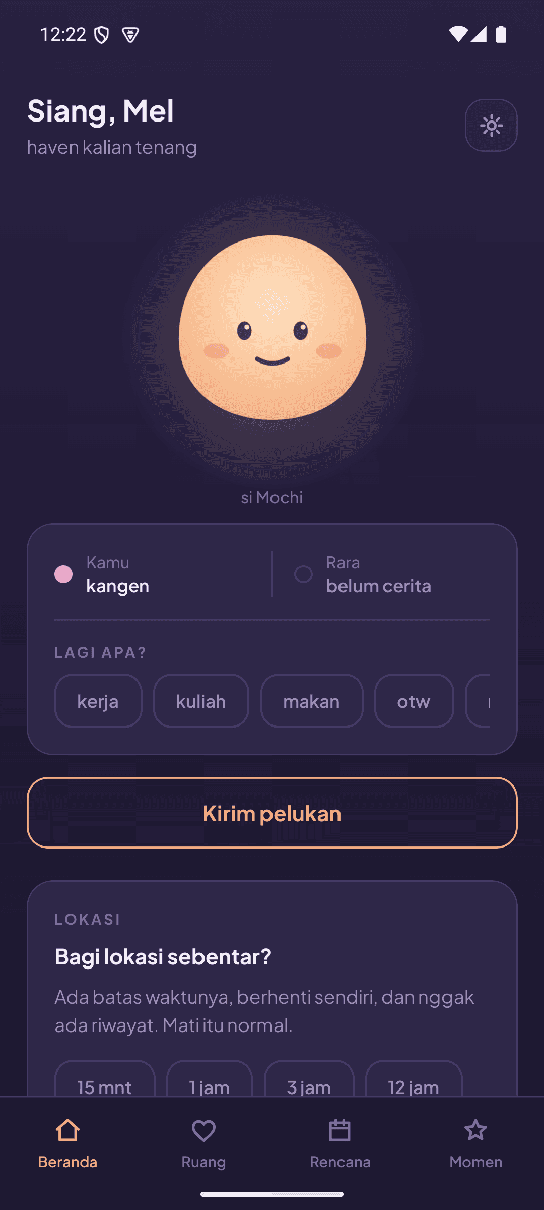 Haven home screen with a glowing mascot face, a row showing each partner’s current mood, quick context chips, a send-a-hug button, and a location card offering 15 minute, 1 hour, 3 hour and 12 hour durations.