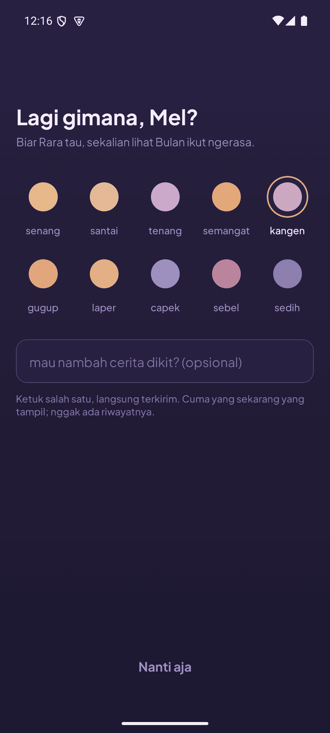 Haven mood picker offering ten coloured options — happy, relaxed, calm, energetic, missing you, nervous, hungry, tired, annoyed and sad — with one selected, above an optional note field and a line explaining that only the current mood is shown and none of it is kept as history.
