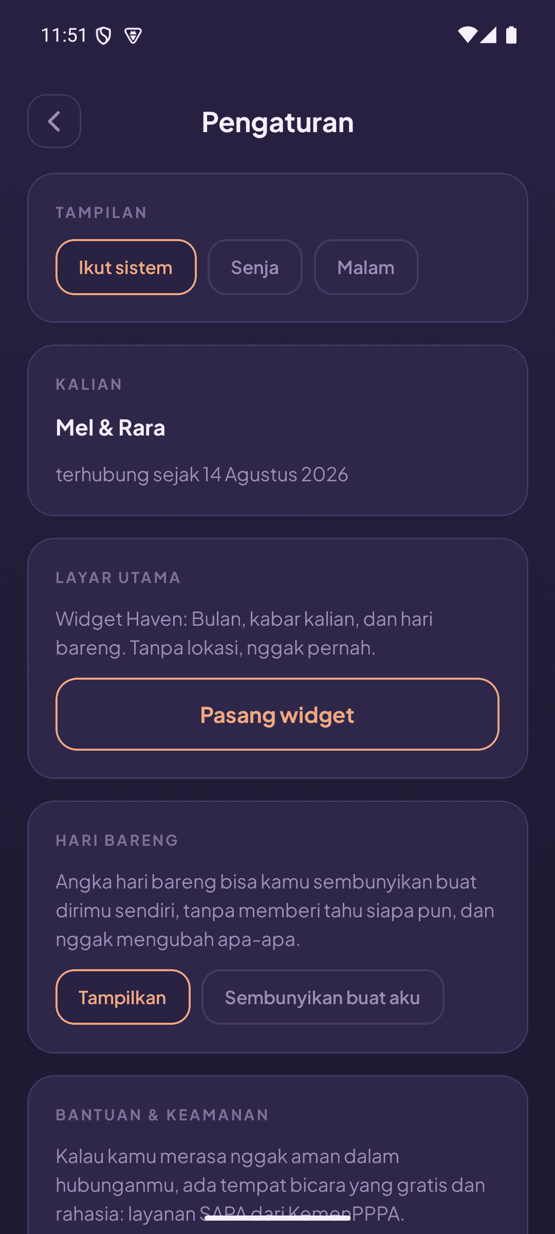 Haven settings screen with theme options, a card naming the pair and the date they connected, a widget prompt noting the widget never carries a location, and a control to show or hide the days-together count with a note that hiding it tells nobody and changes nothing.