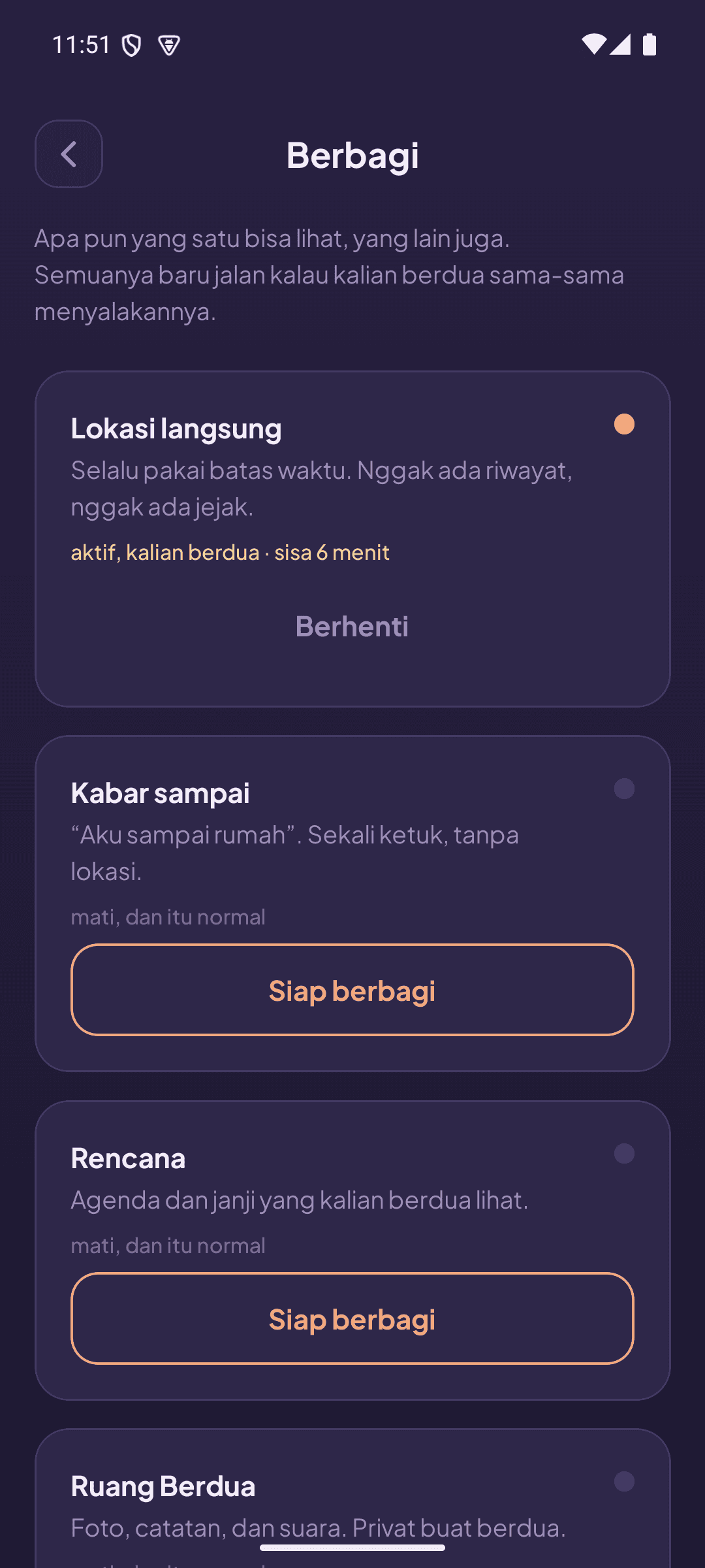 Haven sharing screen listing live location, safe-arrival, plans and a shared space. Live location reads “active, both of you, 6 minutes left” with a stop button; the rest read “off, and that is normal”.