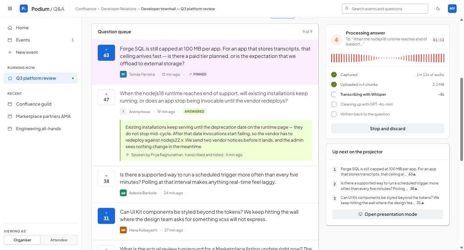 Podium panel showing a recorded answer progressing through five steps — captured, uploaded in four chunks, transcribing with Whisper, cleaning up with GPT-4o-mini, written back to the question — beside a question queue where one answer already appears as tidied text.