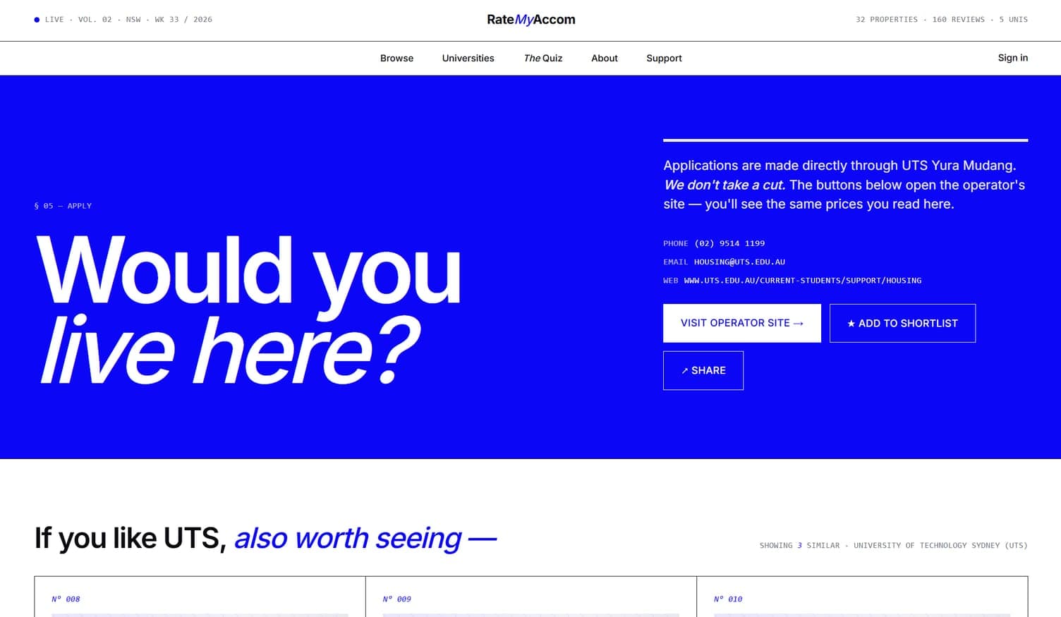 Rate My Accom apply section on a blue ground headed “Would you live here?”, stating applications are made directly through the operator with no commission taken, beside the operator’s phone, email and housing web address and buttons to visit the operator site, shortlist or share.